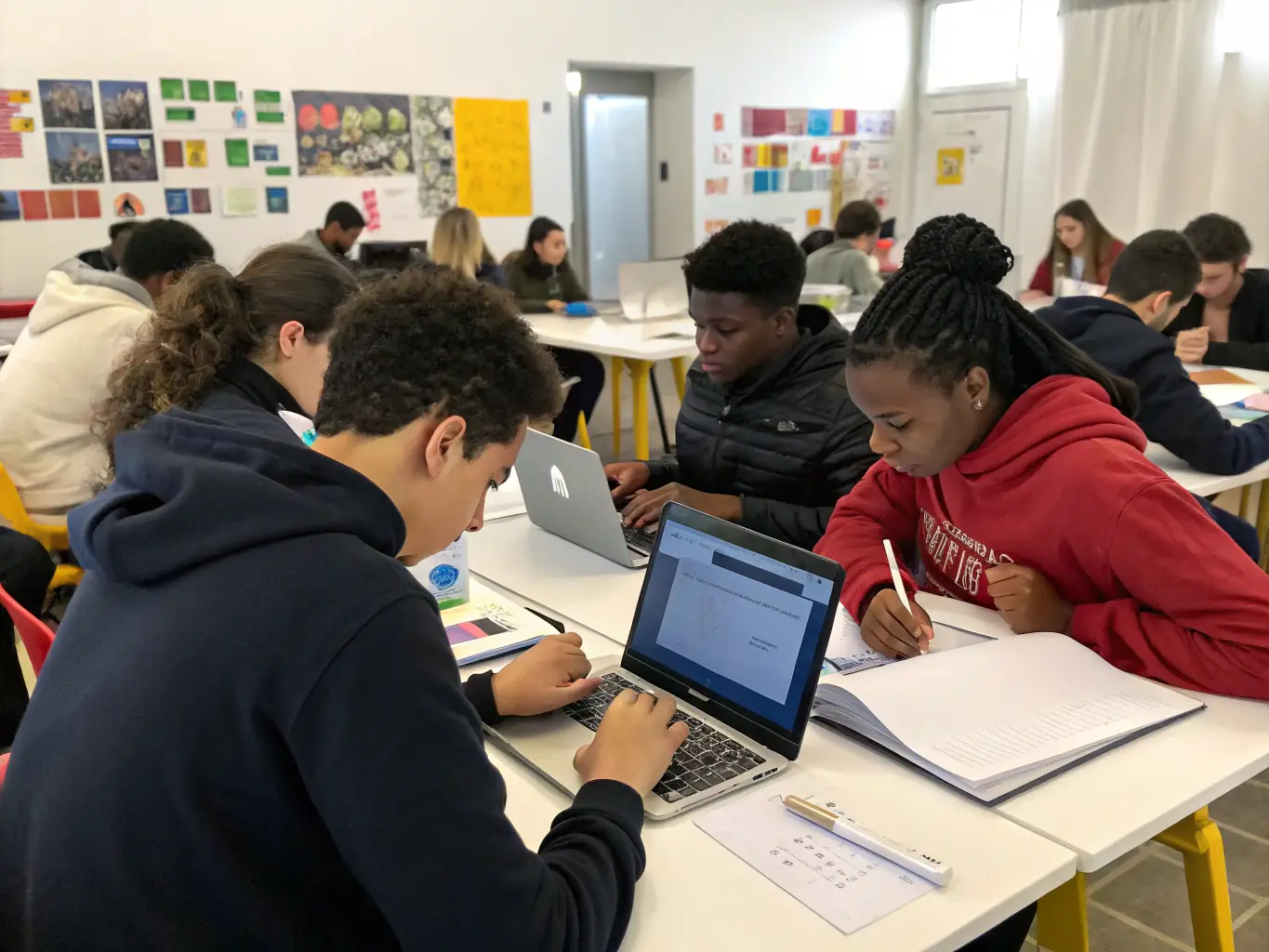 An image of a workshop setting where participants are learning about digital literacy, with laptops and educational materials visible.