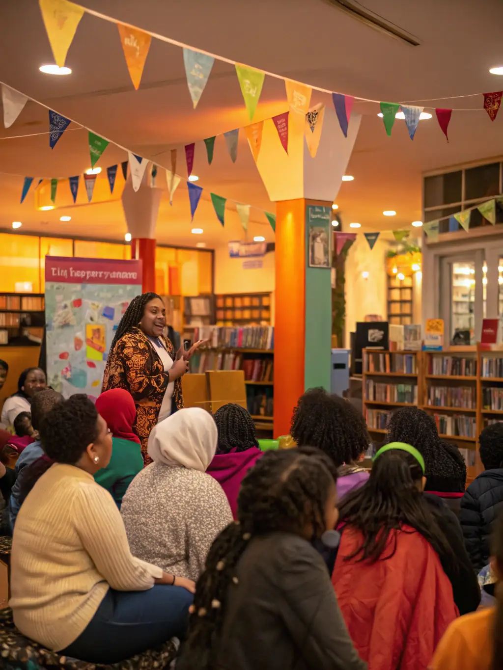 Image of a cultural event featuring local artists and musicians performing in the library, with attendees enjoying the performances.