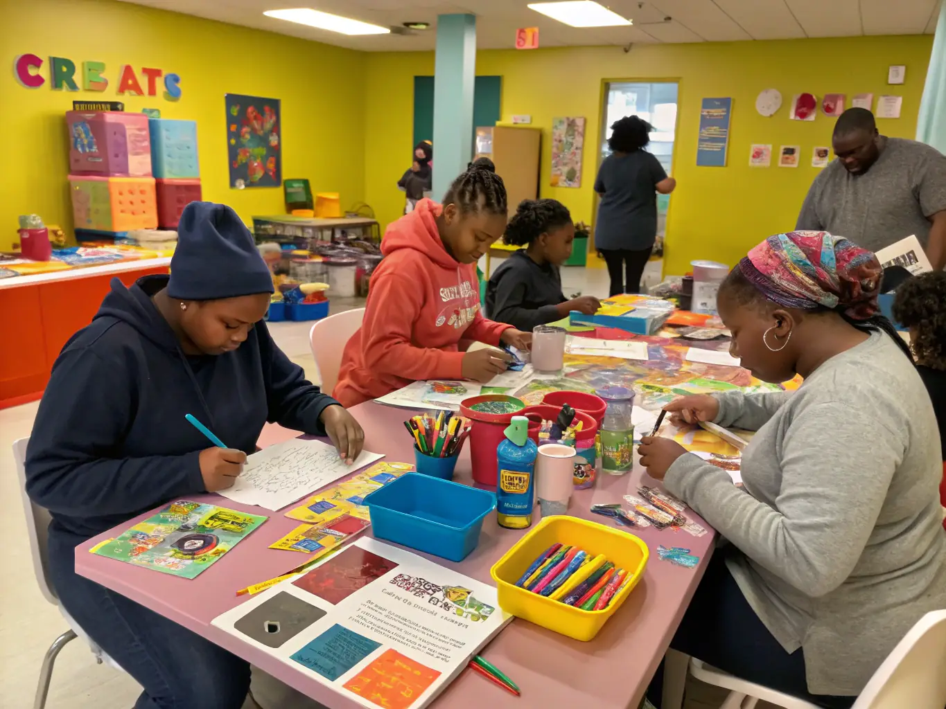 A photograph of a workshop where participants are creating art inspired by literature, using various art supplies and techniques. The image conveys creativity and cultural expression.