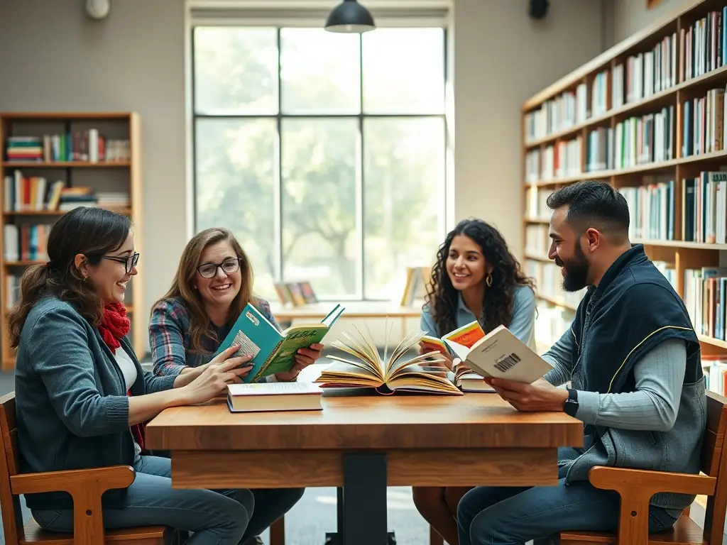 An image showcasing adults participating in a book club discussion, with books and refreshments on the table. The atmosphere is relaxed and engaging, fostering intellectual exchange.
