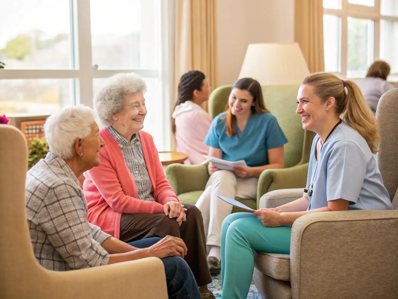 Image of a volunteer reading to a group of elderly residents in a nursing home, bringing joy and companionship through the power of storytelling.