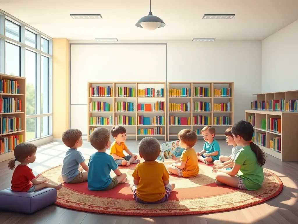 A vibrant image depicting children participating in a storytelling session at the library, surrounded by colorful books and engaging props.