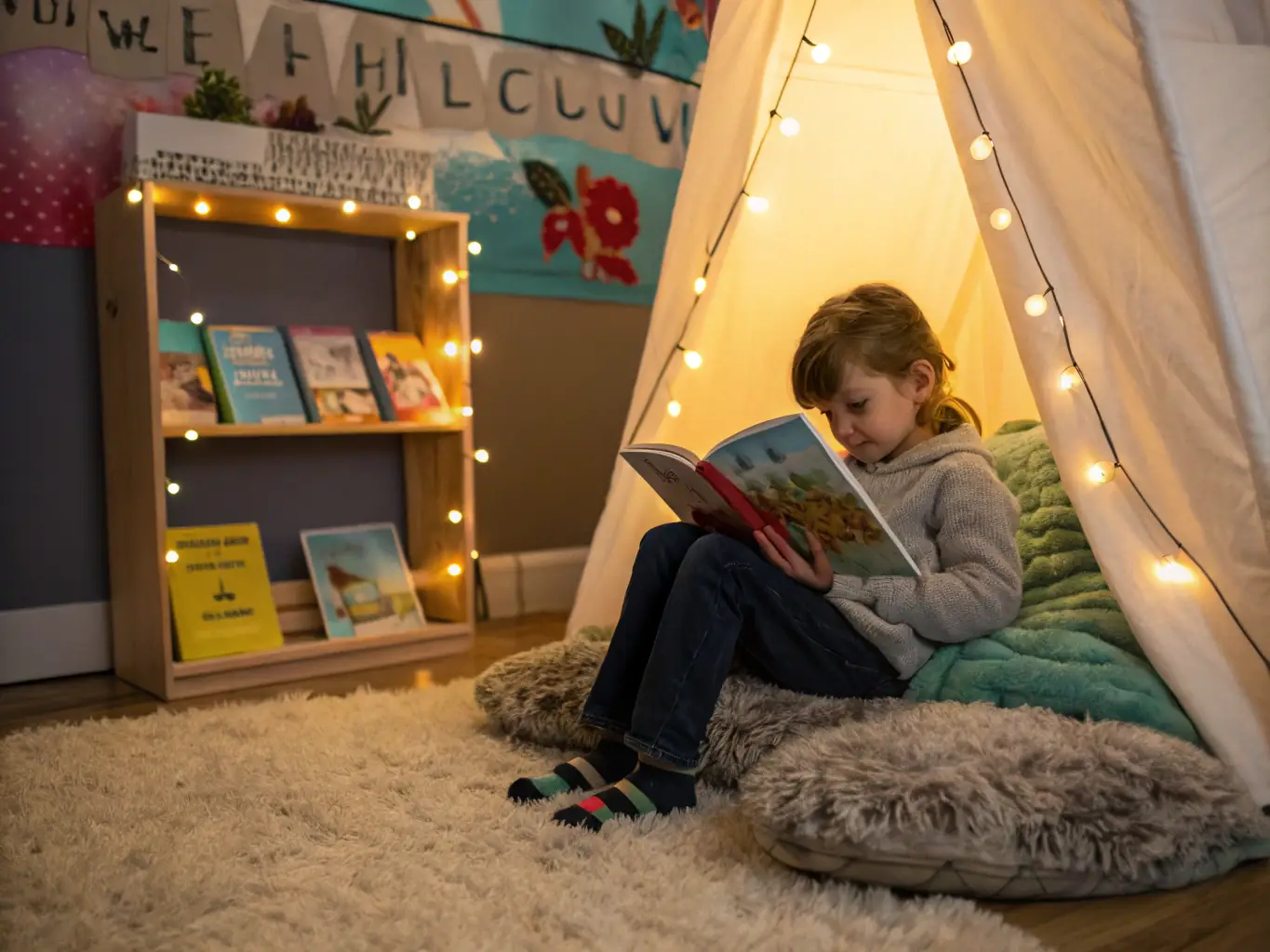 Image of a child engrossed in a book, sitting comfortably in a library setting, surrounded by colorful books and soft lighting, conveying the joy and wonder of reading.