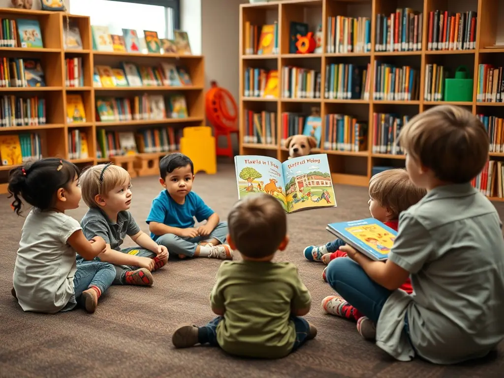 A vibrant image depicting children participating in a storytelling session at the library, surrounded by colorful books and engaging props. The scene captures the joy and excitement of reading.