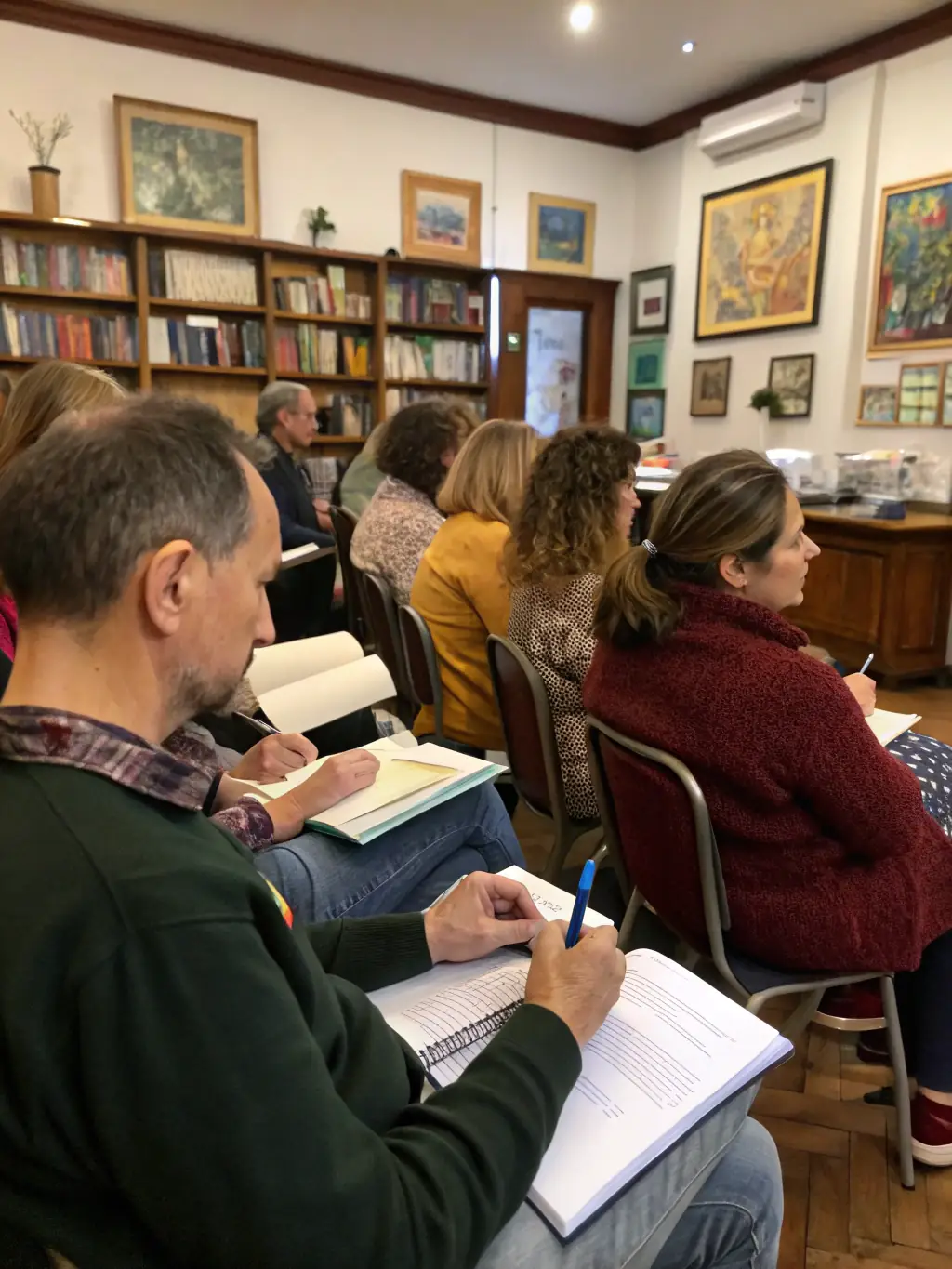 Image of a writing workshop, with participants writing at tables, led by an instructor in a library setting.
