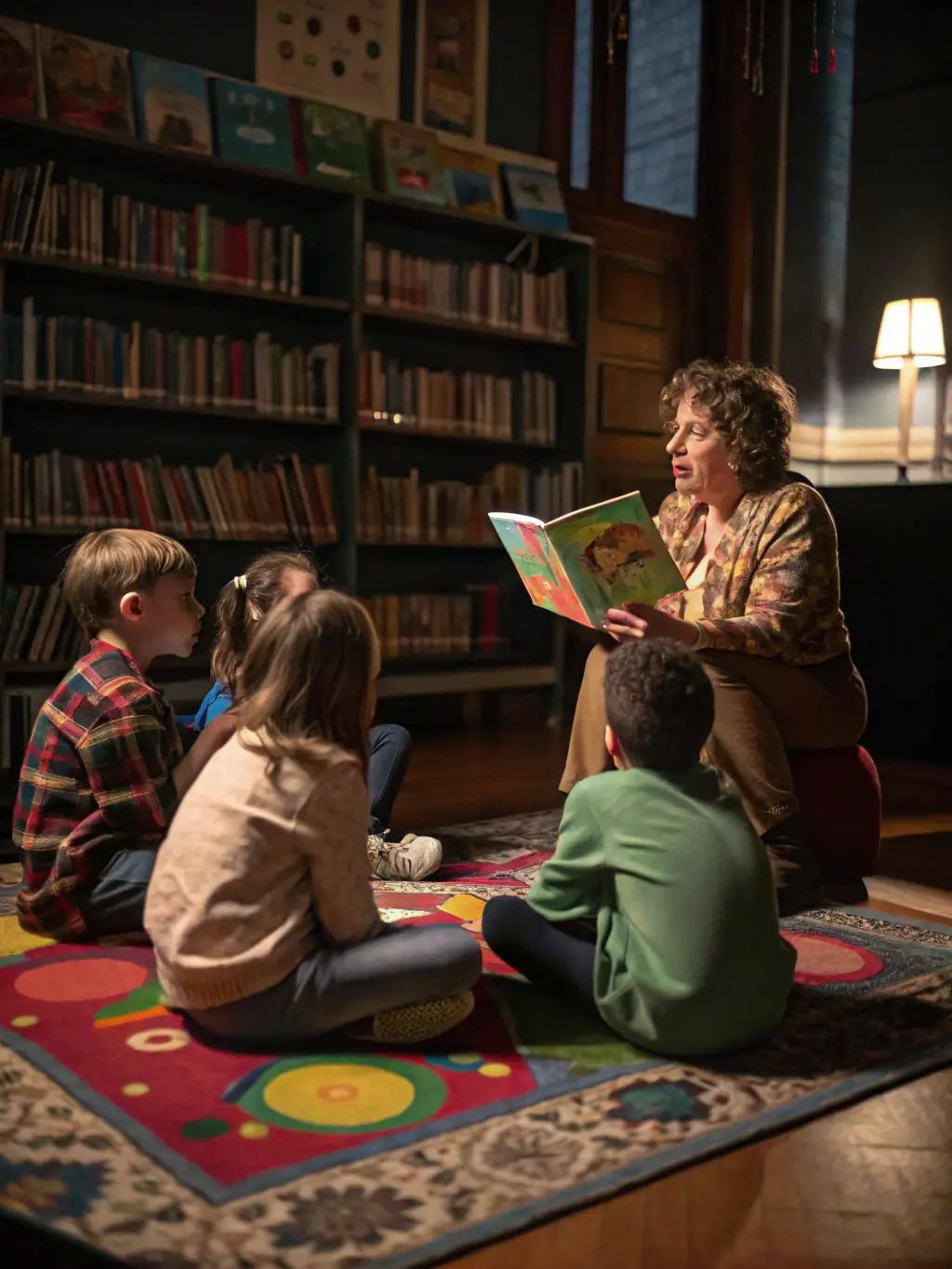 Image of children listening attentively to a storyteller during a library event, surrounded by colorful books and decorations.
