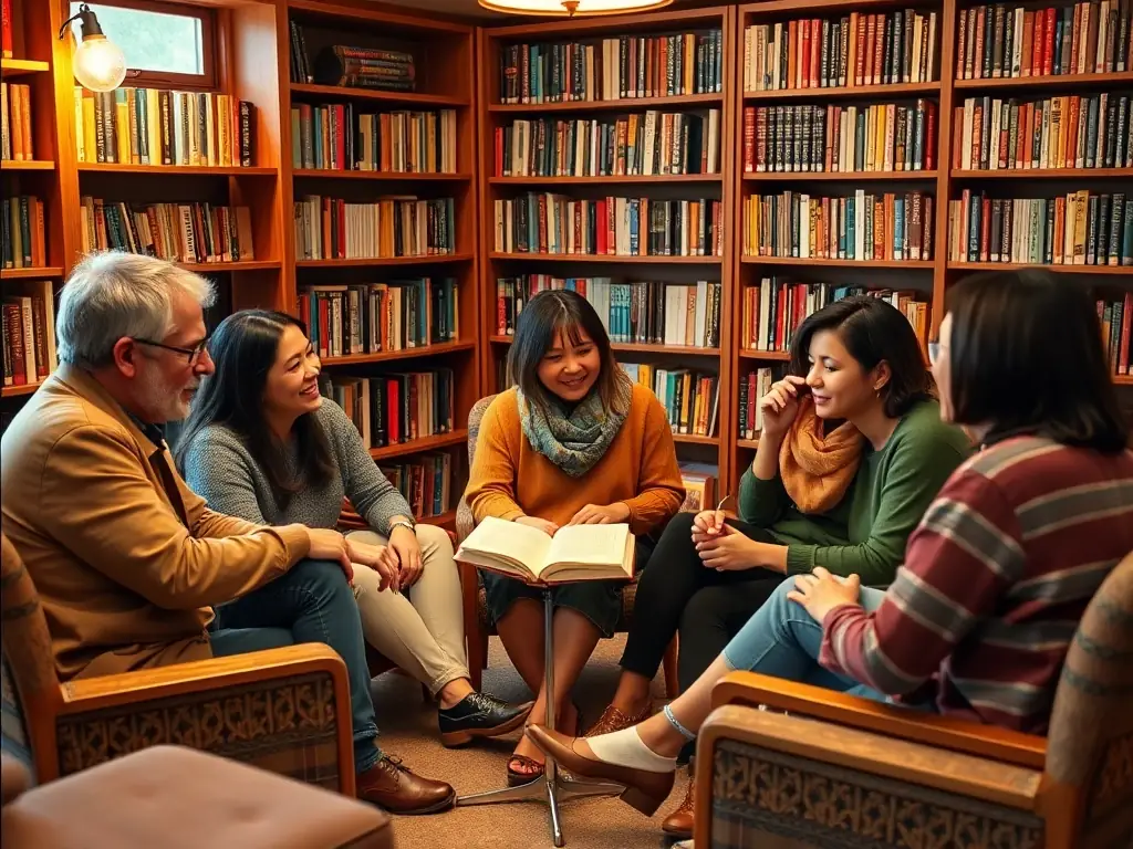Image of a group of adults participating in a book club discussion, sharing their thoughts and interpretations of a novel in a cozy and inviting atmosphere.