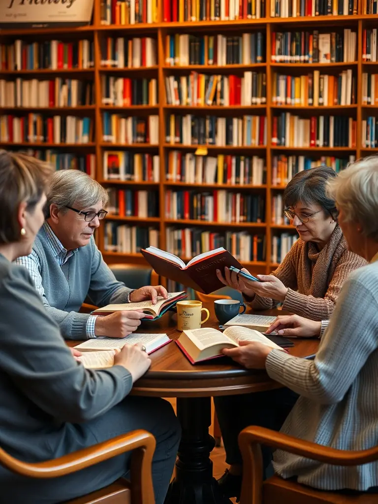 Image of adults participating in a book club discussion, with books and refreshments on the table in a cozy library setting.