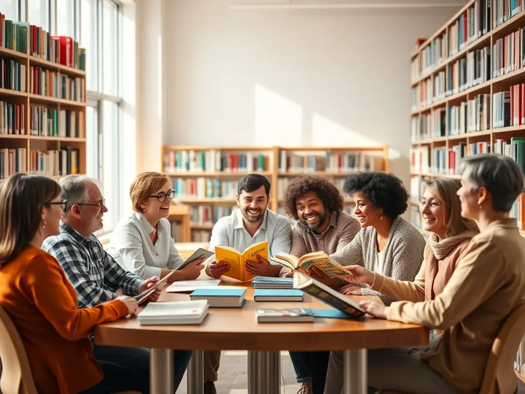 A photograph showcasing adults participating in a book club discussion, with books and refreshments on the table.